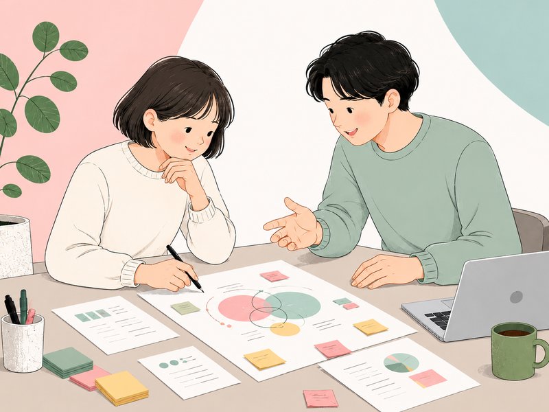 図を囲んで対話しながら価値を整理する様子