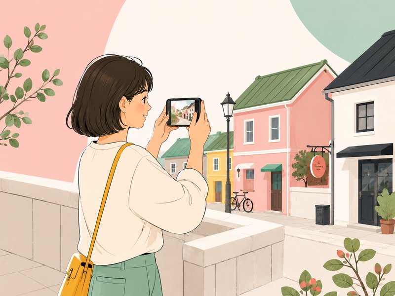 まちなみをスマホで撮影する女性