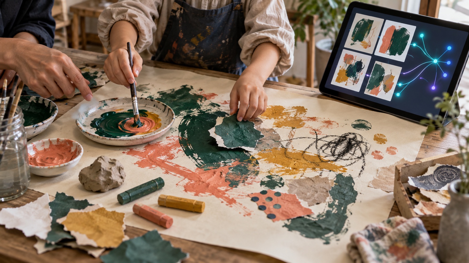 AIの提案を横に置きながら、子どもが自分の手で色と形を試している様子