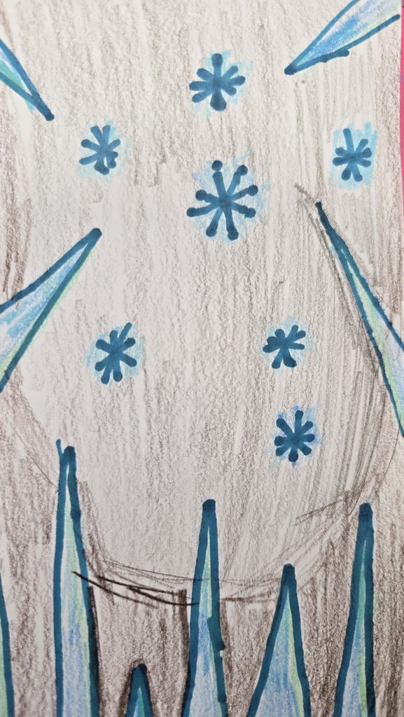 淡い背景に青い花と伸びる形を描いた作品