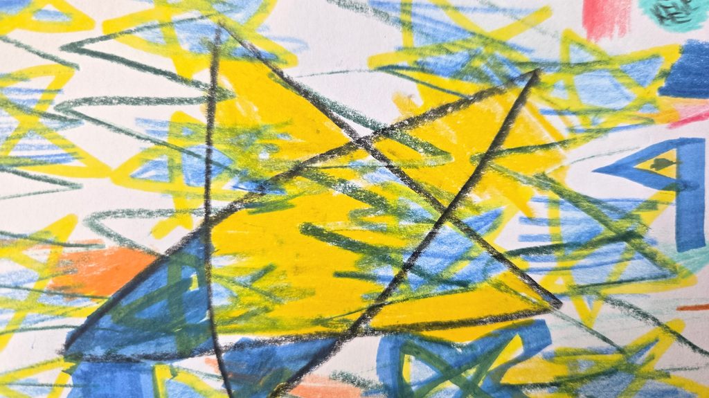 黄色と青を中心に、自由な線と形を重ねて描いた作品