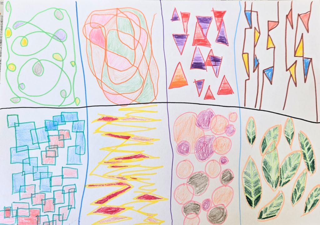 丸や三角、四角、葉の形など、それぞれの感覚で描いた作品