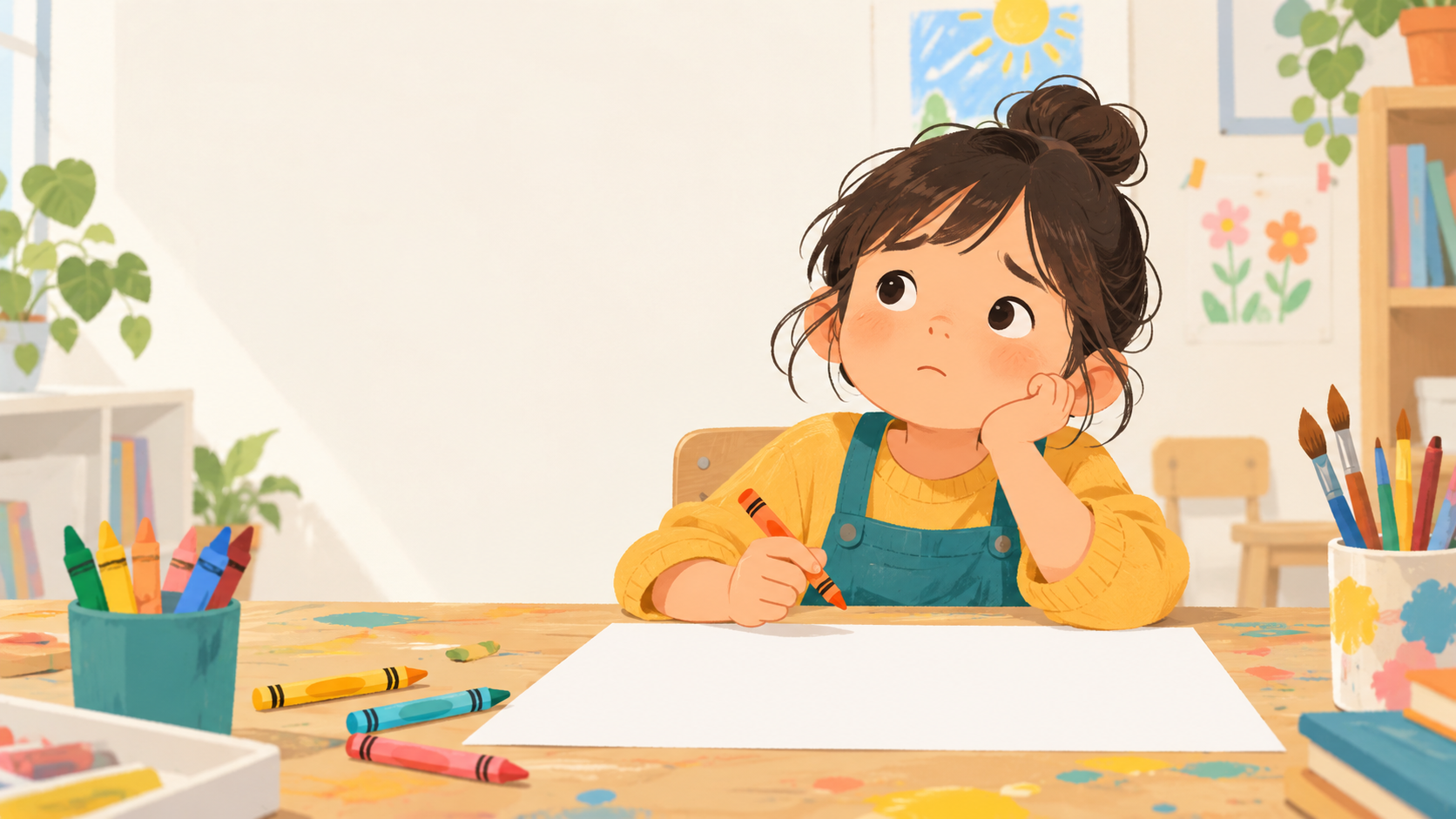 白い紙を前に考える子どものイラスト